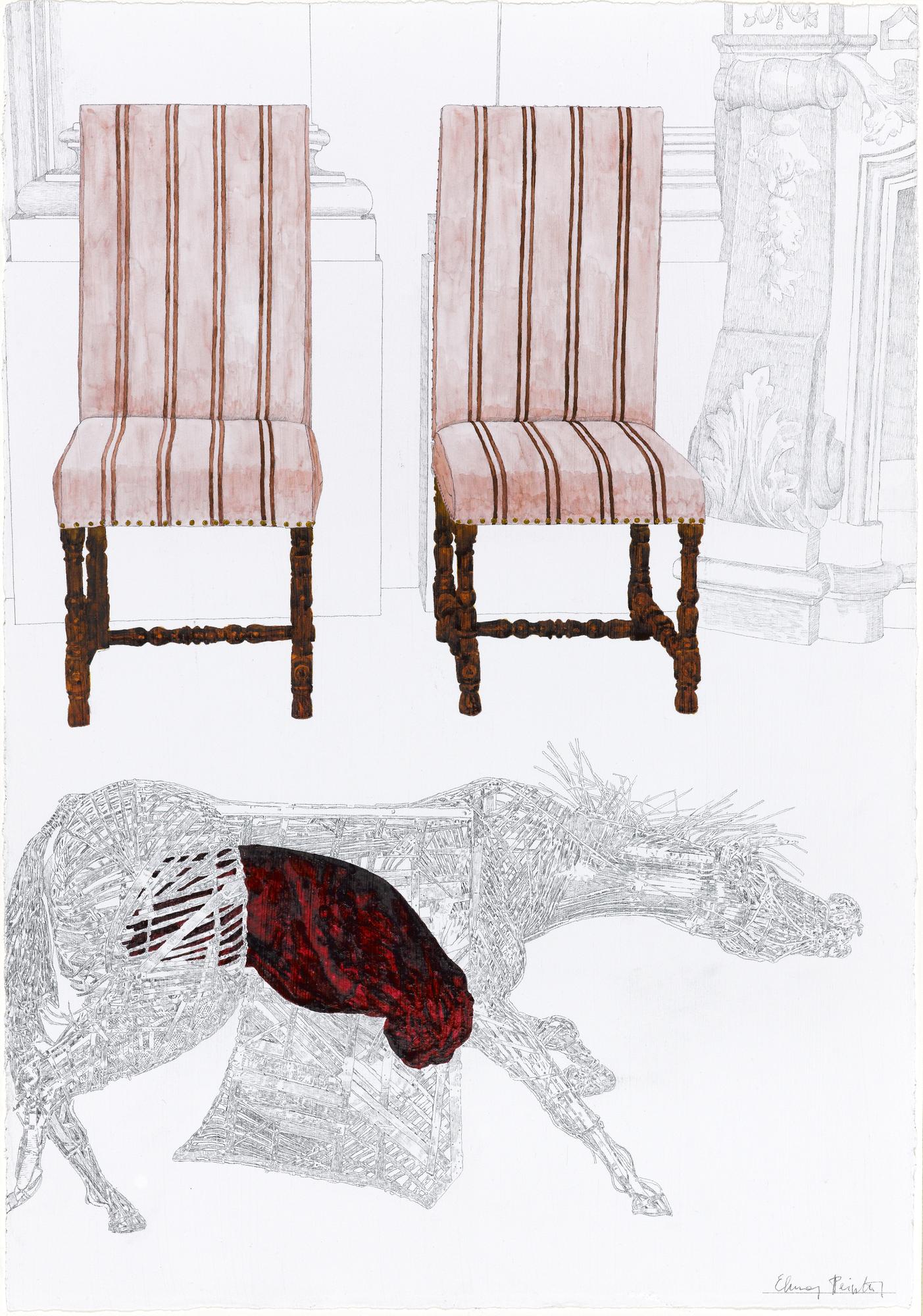 Elmar Peintner - KONSTRUIERTES PFERD (GEÖFFNET) UND ZWEI HOHE STÜHLE